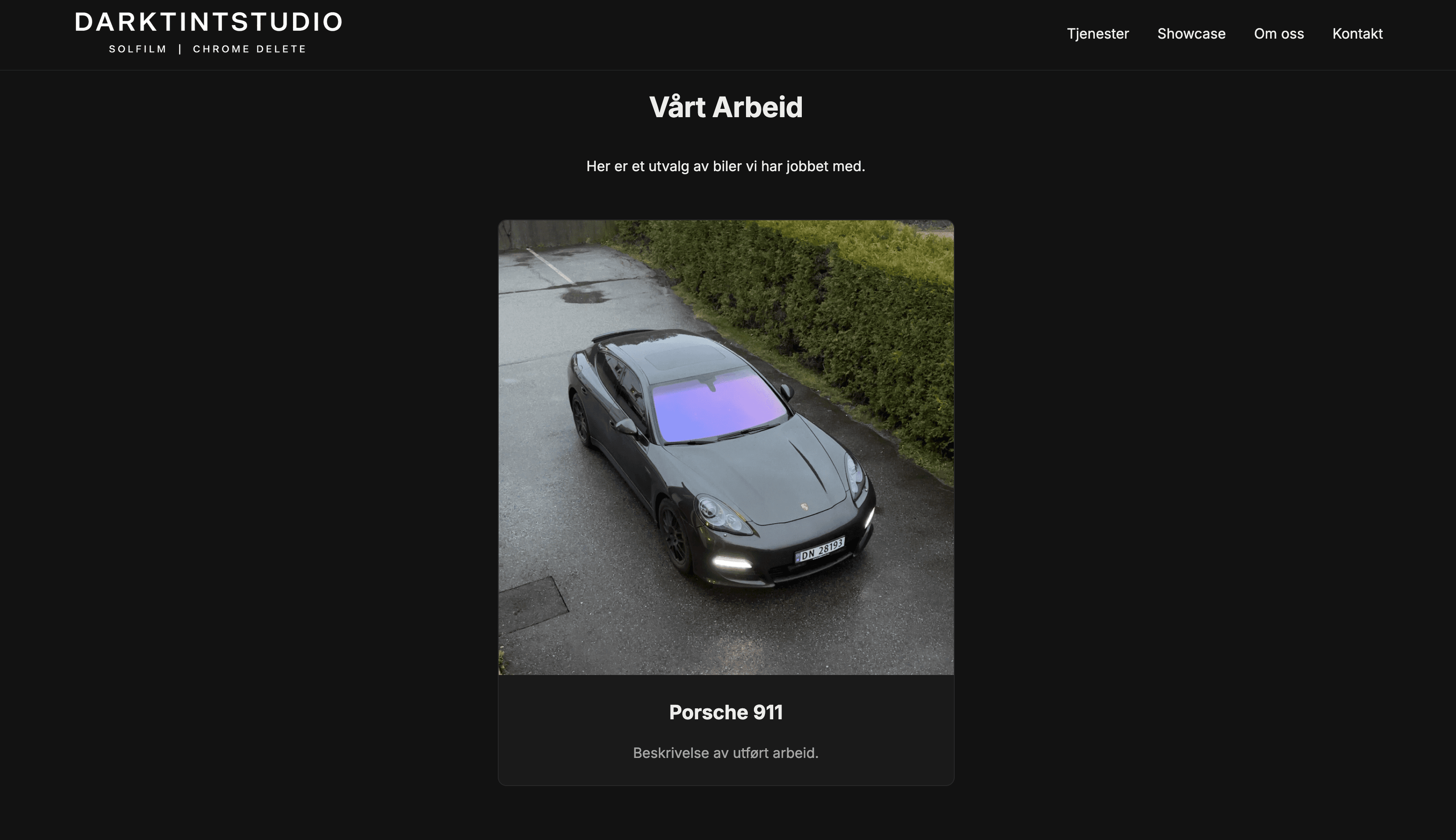 Dark Tint Studio sin side med et eksempel på utført arbeid