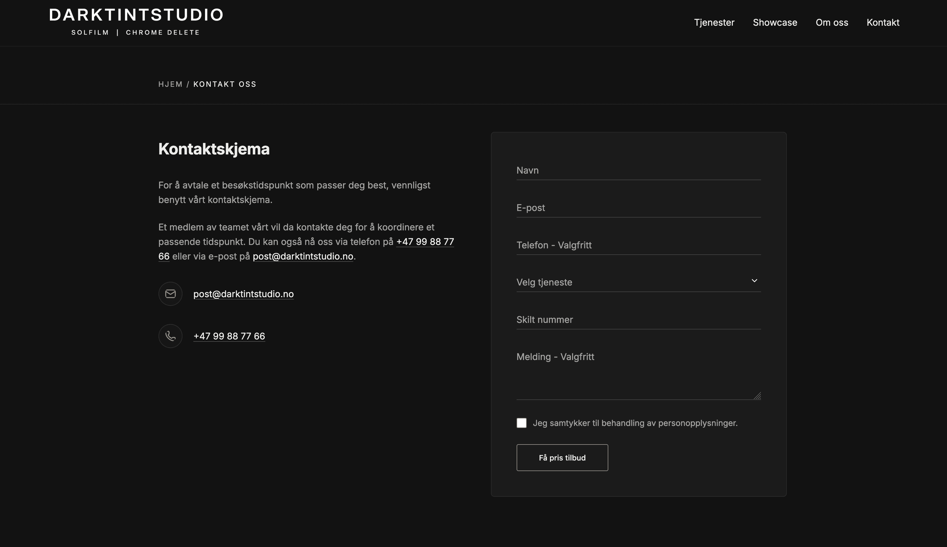 Kontaktskjemaet på Dark Tint Studio sin nettside