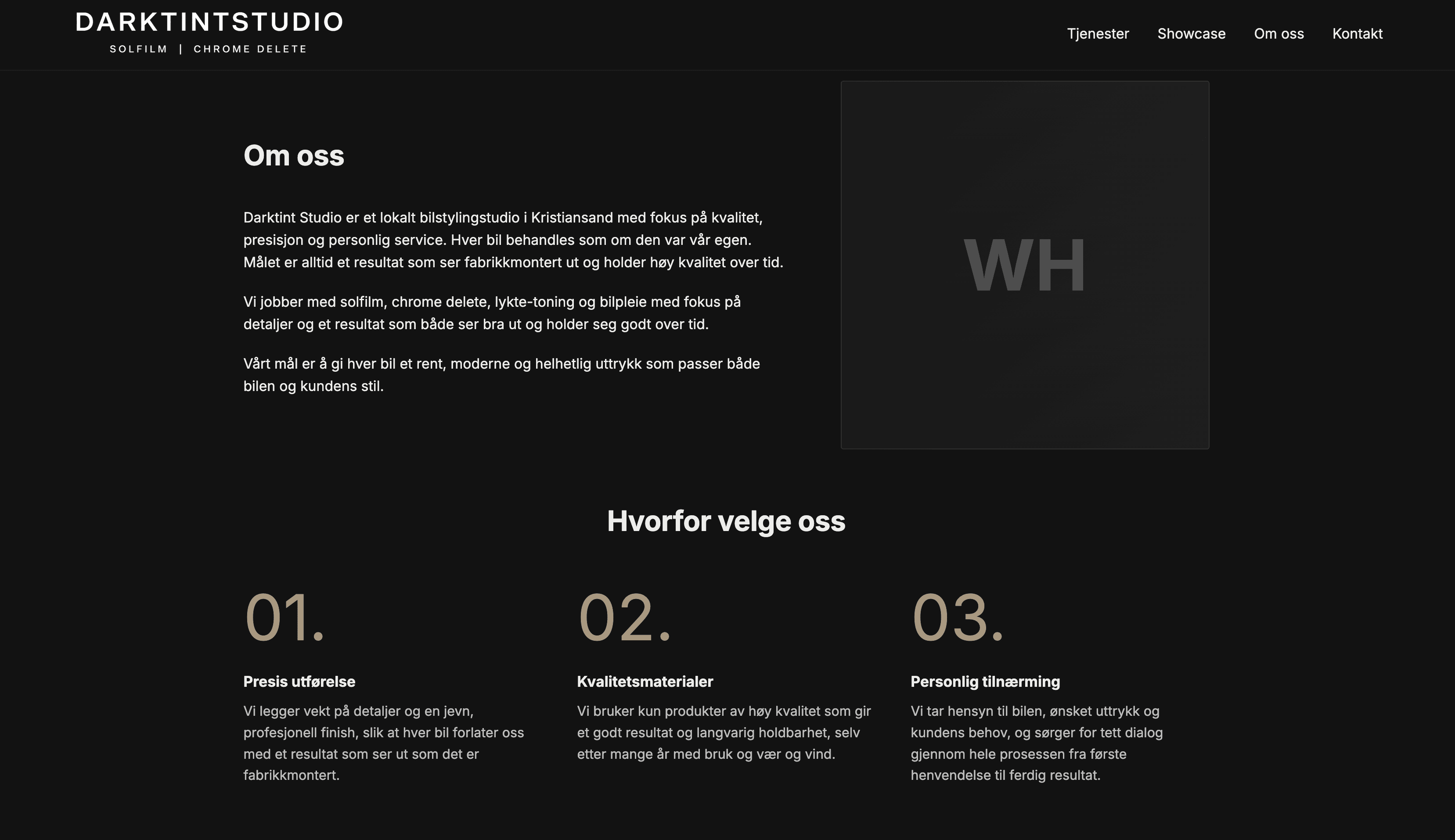 Om oss-seksjonen på Dark Tint Studio sin nettside